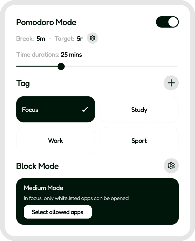 Focus settings menu showcasing pomodoro duration, tags, and app blocking options