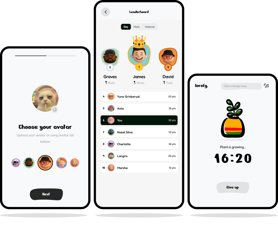 Lorofy mobile application mockup showing companion selector, focus tracking, and timer